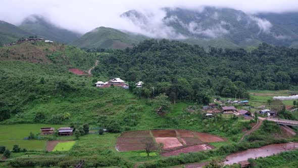 Aerial view of Sapan village, The city in valley, Nan, Thailand by drone