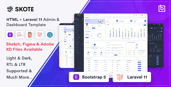 Skote - HTML & Laravel 11 Admin Dashboard Template + Sketch