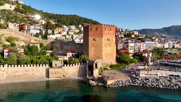 Red Tower in Alanya aerial view 4 K