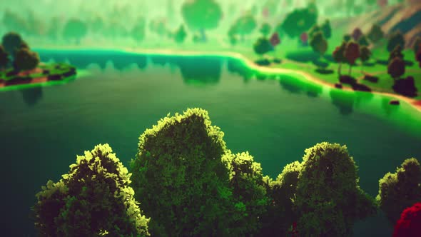 Cartoon Green Forest Landscape with Trees and Lake