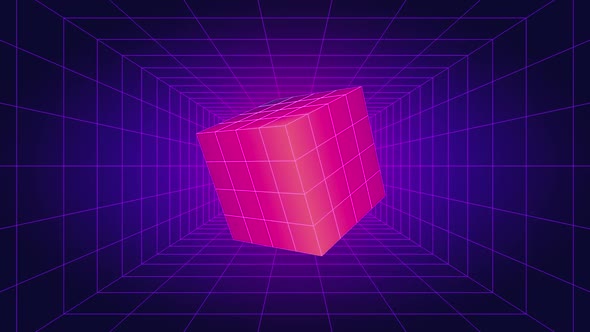 Retrowave Style Rotating Cube and Grid