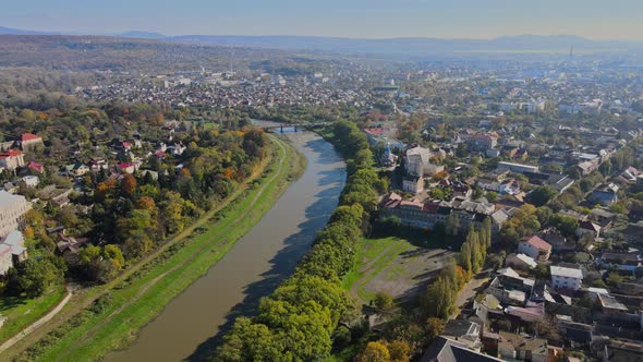 Small Town Panoramic View From Above in the Autumn Uzhhorod Ukraine Europe During the Sunset Over