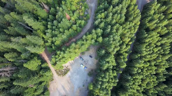 Aerial top down family camping in the middle of nowhere.