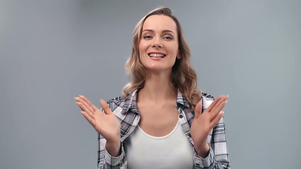 Portrait of Happy Blonde Woman Talking Gesticulating Isolated