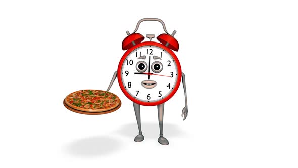 Alarm Clock Shows Pizza Loop On White Background