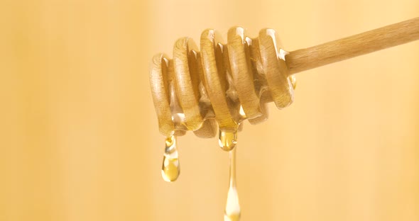 Liquid Organic Honey Dripping from a Honey Dipper on a Light Background. Healthy Food Concept