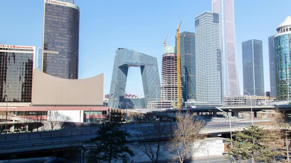 Beijing Business City Aerial Cityscape with Road Traffic China Zoom Out