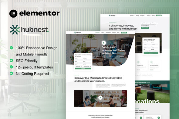 Hubnest – Coworking Space & Virtual Office Elementor Pro Template Kit – 0 Sold!