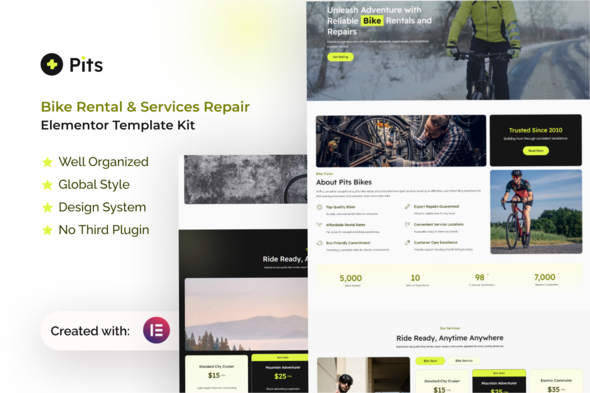 Pits - Bike Rental & Services Repair Elementor Template Kit