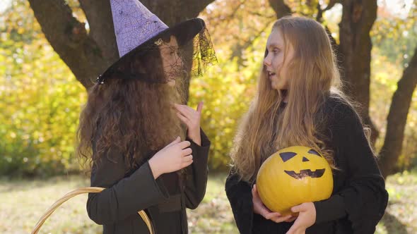 Two Little Caucasian Girls in Halloween Costumes Chatting in the Autumn Park. Redhead and Blonde