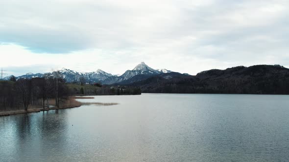 Drone shot of an Alpine lake of Bavaria, Germany.