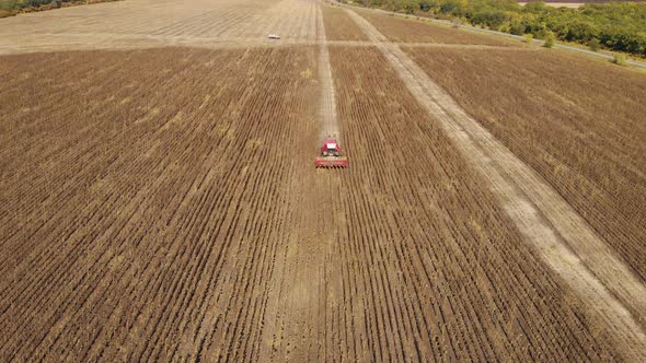 Aerial View Combine Harvesting on Sunflower Field. Mechanized Harvesting Sunflower. Large Field of