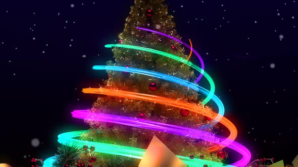 Golden Christmas Tree And Snow With Light Streaks Decorations And Gifts