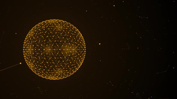 An orange sphere with particles in space rotates