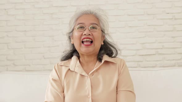 Asian elderly woman living at home, she chats online.