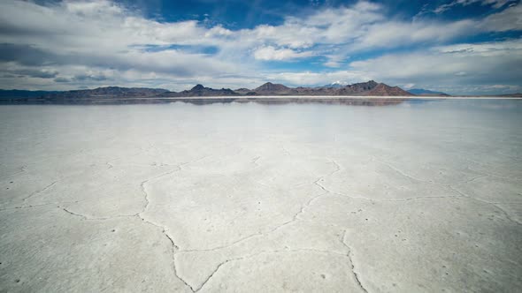 Time lapse over Bonneville Salt Flats with clear water