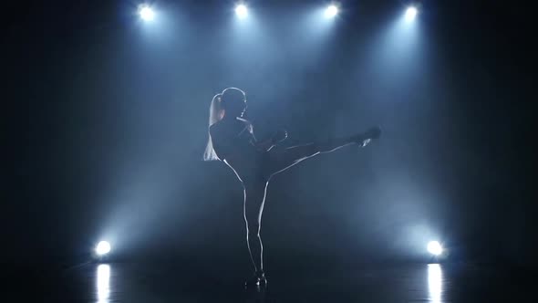 Girl Boxer Is Trained Do Kicks. Slow Motion in Studio