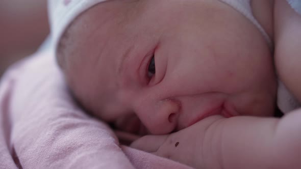 Close Up Portrait Face Newborn Naked Baby On Mom's Chest After Childbirth