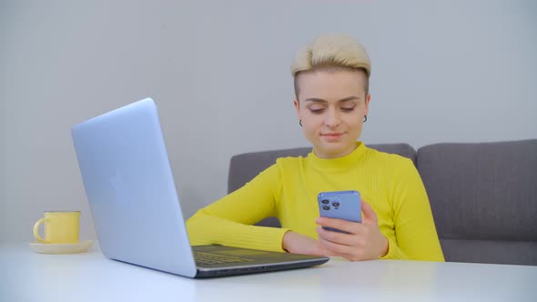 Woman using modern mobile phone for communication online in 4k video