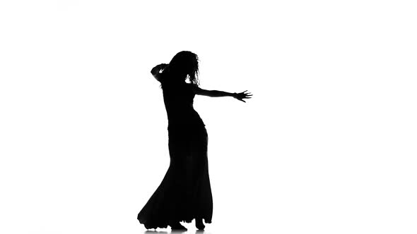 Talanted Long-haired Exotic Belly Dancer Girl Dance on White, Silhouette