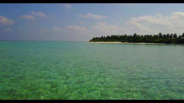 Aerial drone tourism of paradise coast beach journey by blue green sea and white sand background of 