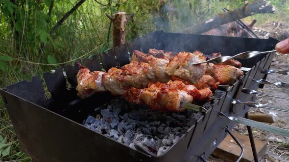 Skewers on Skewers Are Prepared on the Grill. Raw Meat Cooked on Charcoal Grill
