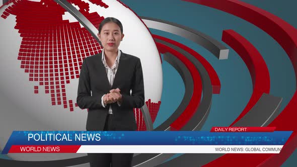 Live News Studio With Asian Professional Female Anchor Reporting On The Events Of The Day