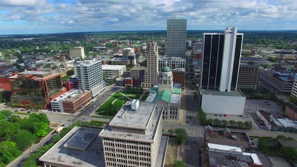 Aerial of Downtown Fort Wayne Indiana Courthouse with Helicopter