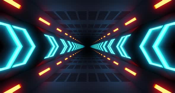 4K seamless loop flying into spaceship tunnel, sci-fi spaceship corridor.