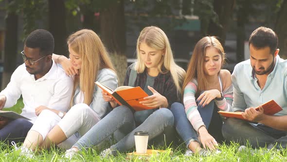 Group of Young Mixed-race Diverse Students Sitting Together on Green Lawn