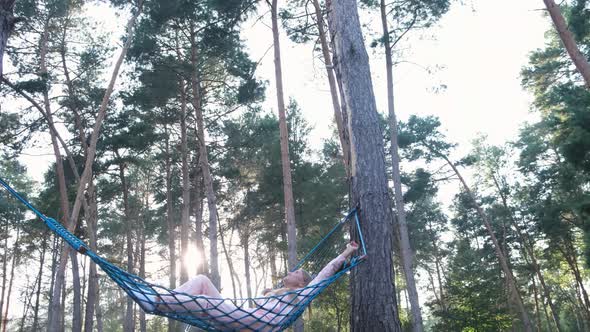 Beautiful Girl Lying in a Hammock in a Pine Forest