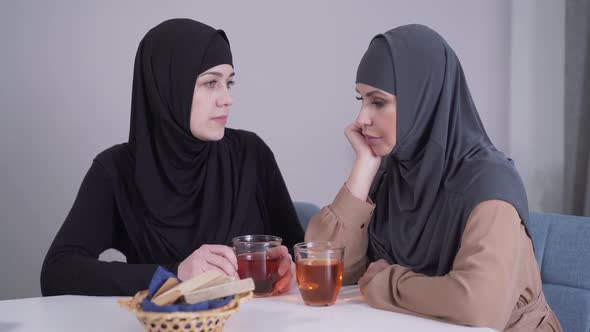 Modest Muslim Woman in Hijab Calming Down Her Modern-looking Female Friend