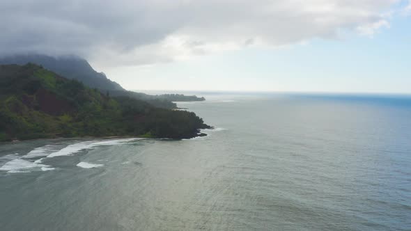 Flying Around Napali Coast Kauai Hawaii Orbit Sea Cliffs Revealing Sunset Mountain Views