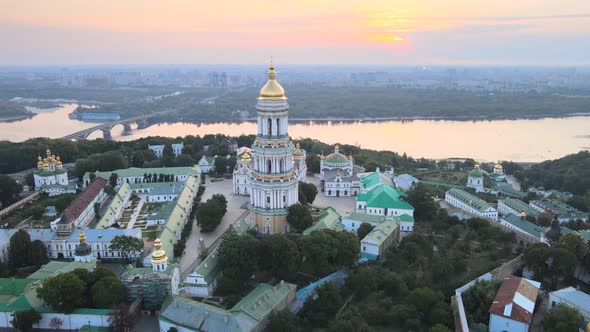 Kyiv-Pechersk Lavra in the Morning at Sunrise. Ukraine. Aerial View