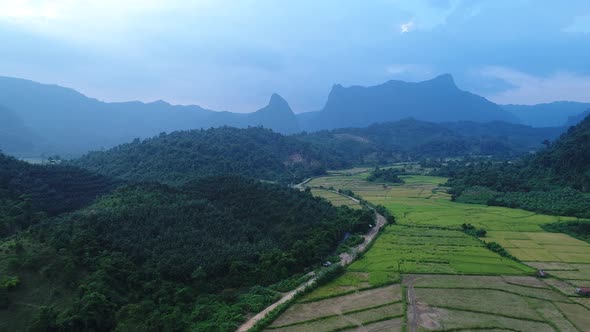 River near town of Vang Vieng in Laos seen from the sky