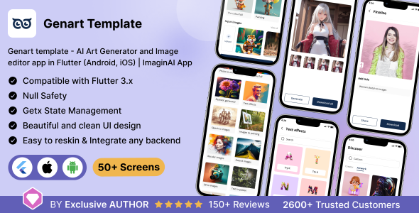 Genart UI template - AI Art Generator and Image editor app in Flutter (Android, iOS) | ImaginAI App