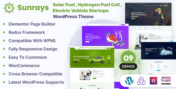 Sunrays - Solar Fuel , Hydrogen Fuel Cell , Electric Vehicle Startups Elementor WordPress Theme