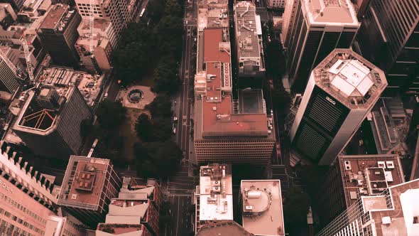 Aerial Top Down View of Tall City Buildings and City Streets