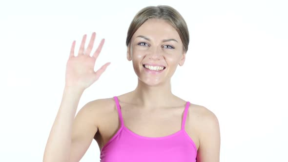 Hello,  Woman Waving Hand,  White Background