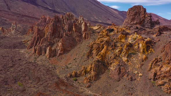 Aerial View of the Teide National Park Flight Over a Desert Rocky Surface View on the Teide Volcano