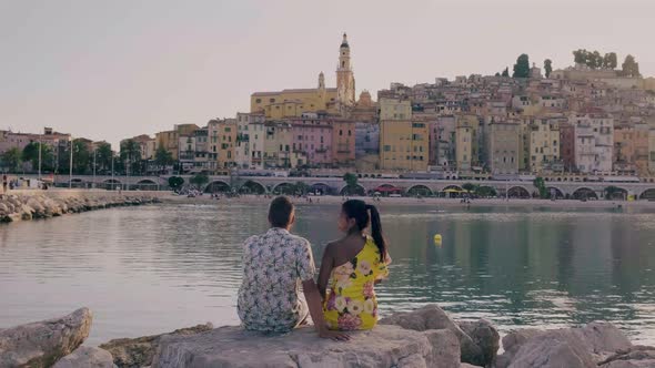 Menton France Colorful City View on Old Part of Menton ProvenceAlpesCote d'Azur France Couple on