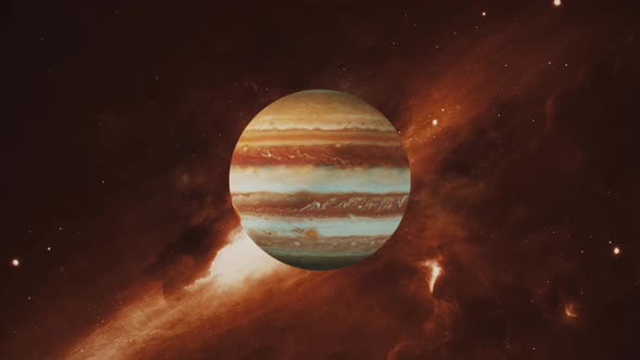 Jupiter in space with epic background of universe. Jupiter in solar system. Gas planet in cosmos