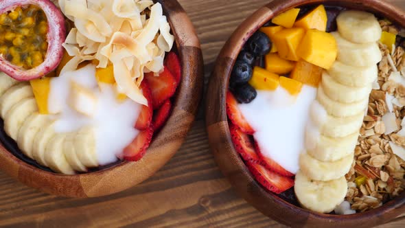 Closeup Of Smoothie Bowl With Granola, Fruits And Berries