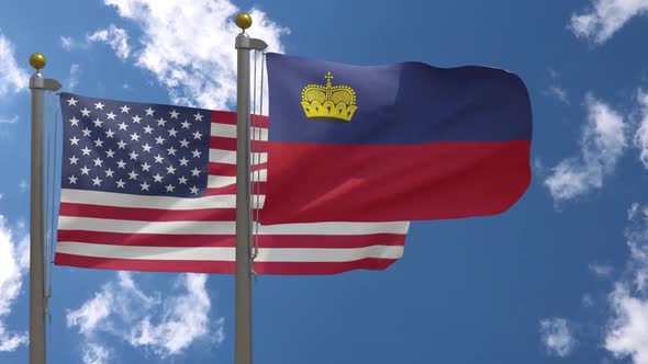Usa Flag Vs Liechtenstein Flag On Flagpole
