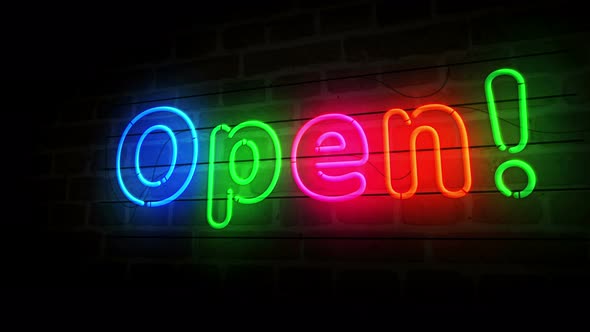 Open neon on brick wall 3d