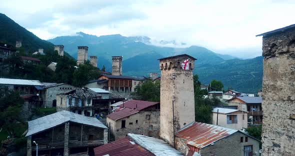 Mestia Village Down Town With Historical and Traditional Defensive Stone Tower House Architecture De