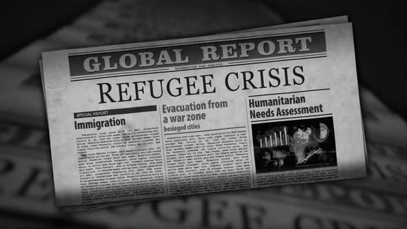 Refugee crisis and humanitarian aid retro newspaper printing