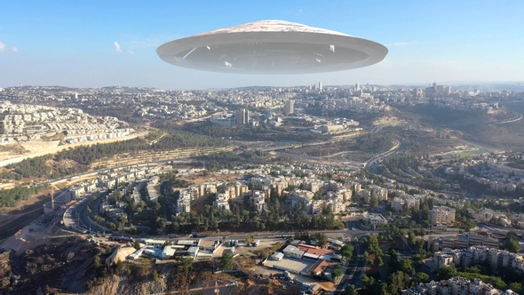 Alien Spaceship ufo Hovering over Jerusalem city-Aerial view