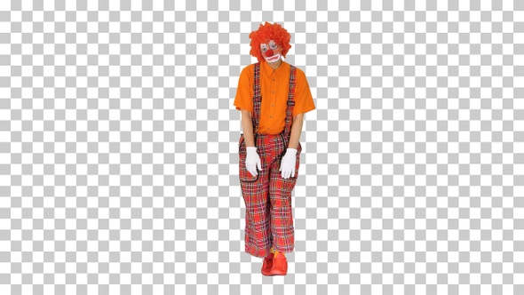 Sad unhappy clown walking in a funny way, Alpha Channel