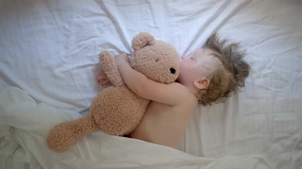 Sleeping Baby Happy and Carefree in Bed Hugging a Teddy Bear Toy